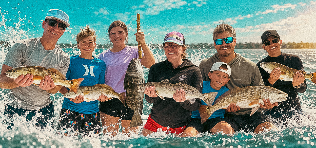 Anglers holding fish caught during an inshore trip in Choctawhatchee Bay